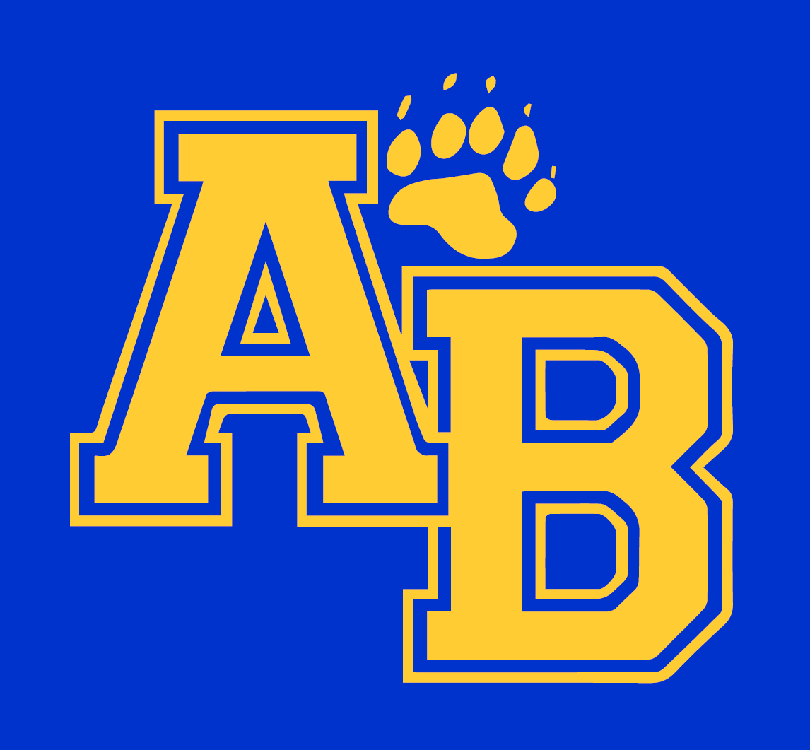 Adam beck logo with the letters AB in yellow on a blue background with a yellow bear paw imprint at the top of the B