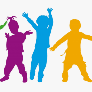 rainbow coloured silhouettes of kids jumping and dancing on a white background
