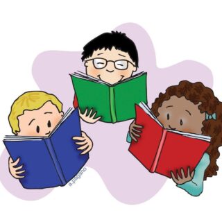 Cartoon drawing of three children's head and shoulders against a lilac-coloured swatch on a white background. Each child has a different skintone and hair colour and is holding an open book.