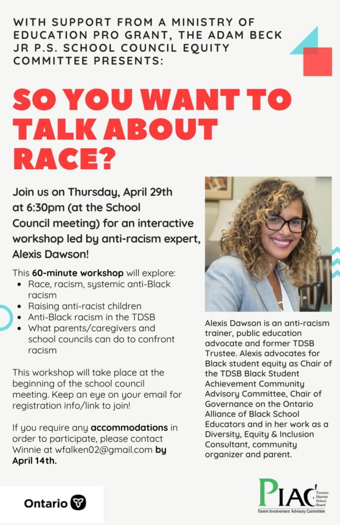 Poster promoting guest speaker Alexis Dawson's 60-minute workshop at the April 29 school council meeting at 6:30 p.m., with a photo of Alexis Dawson