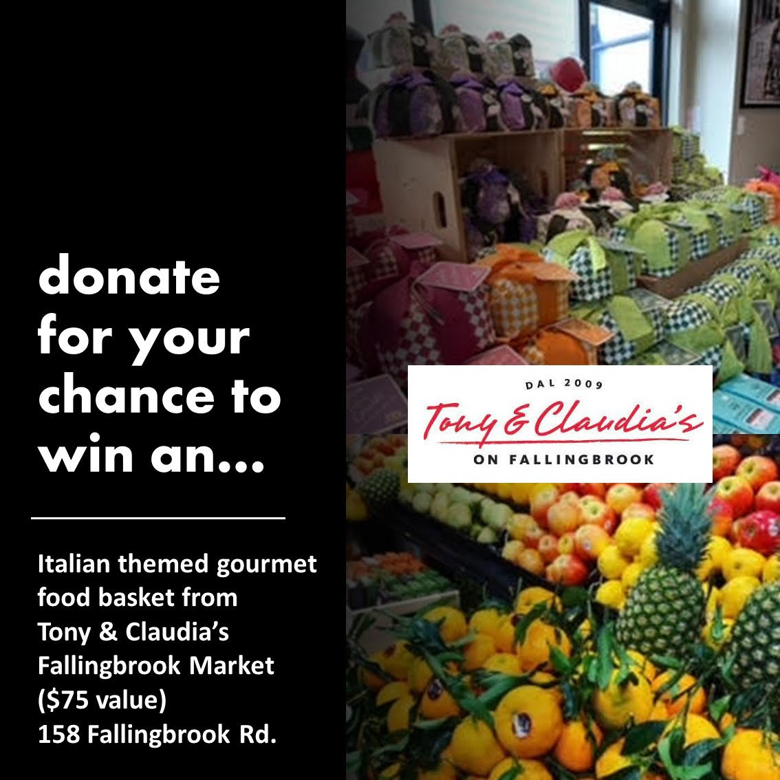 Donate for a chance to win an Italian-themed gourmet gift basket from Tony and Claudia's