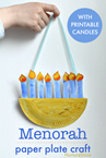 Image of a yellow monorah made of a paper plate with blue candles and flames also made of paper