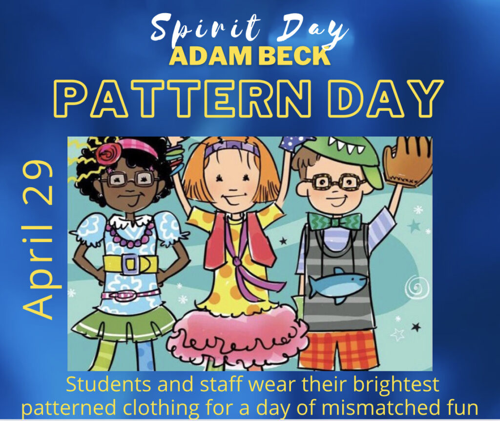 Three children dressed in colourful clothing on a light blue background with a dark blue frame and the words Pattern Day April 29