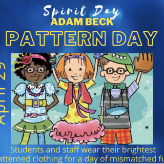 Three children dressed in colourful clothing on a light blue background with a dark blue frame and the words Pattern Day April 29