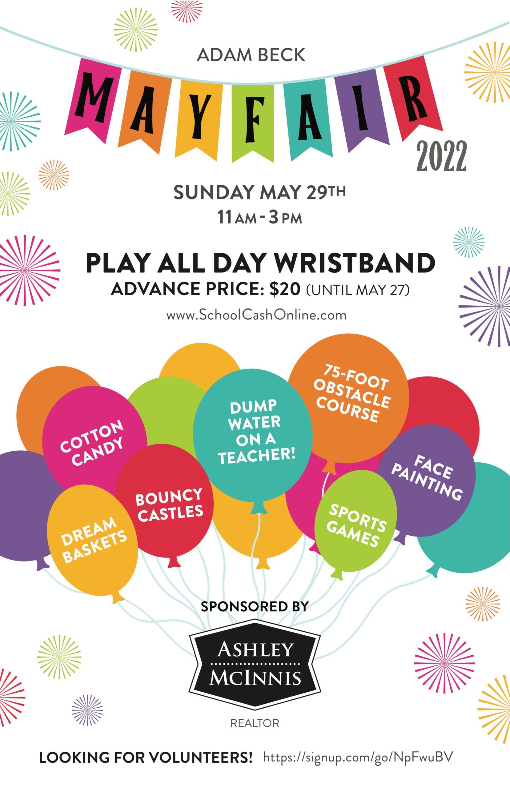 Adam Beck Mayfair poster. Date: Sunday, May 29. Time: 11am to 3pm. Heading: play all day wristband. Advance price: $20 until May 27