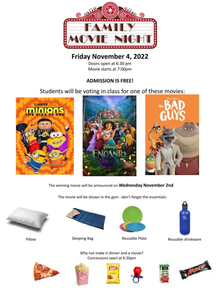 Family Movie Night poster for Friday November 4 with images of the three movies and movie-watching accessories on a white background