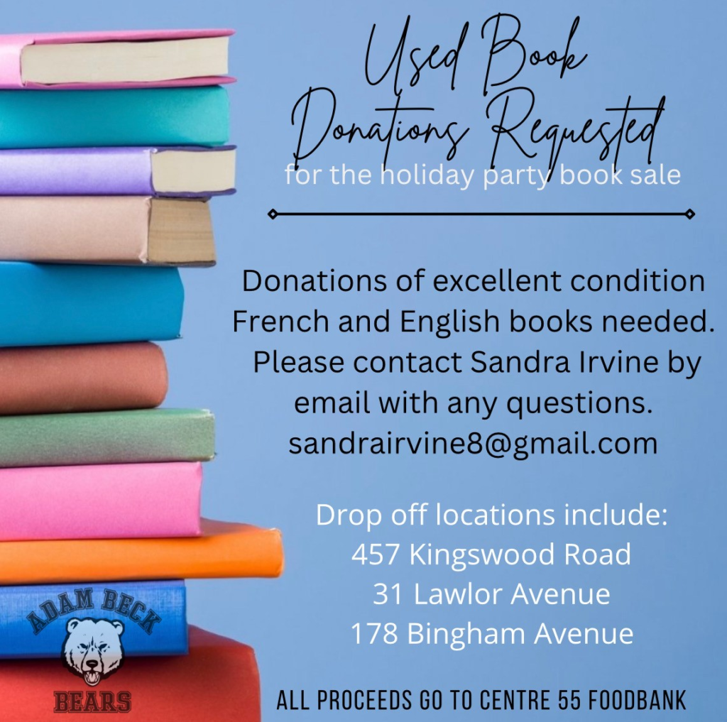 Poster soliciting donations for holiday party book sale, proceeds to centre 55, lots of text on a light blue background with a stack of books at the side