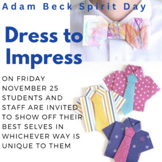 Poster with text including Dress to Impress and pictures of neatly folded colourful clothing on a white background
