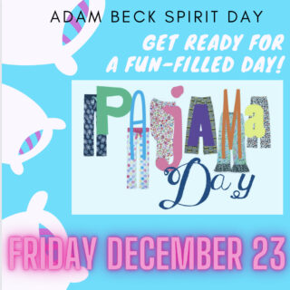 The words "pajama day"with each letter covered in a piece of pajamas in various colours against a white background, surrounded by a bright blue background with images of three pillows