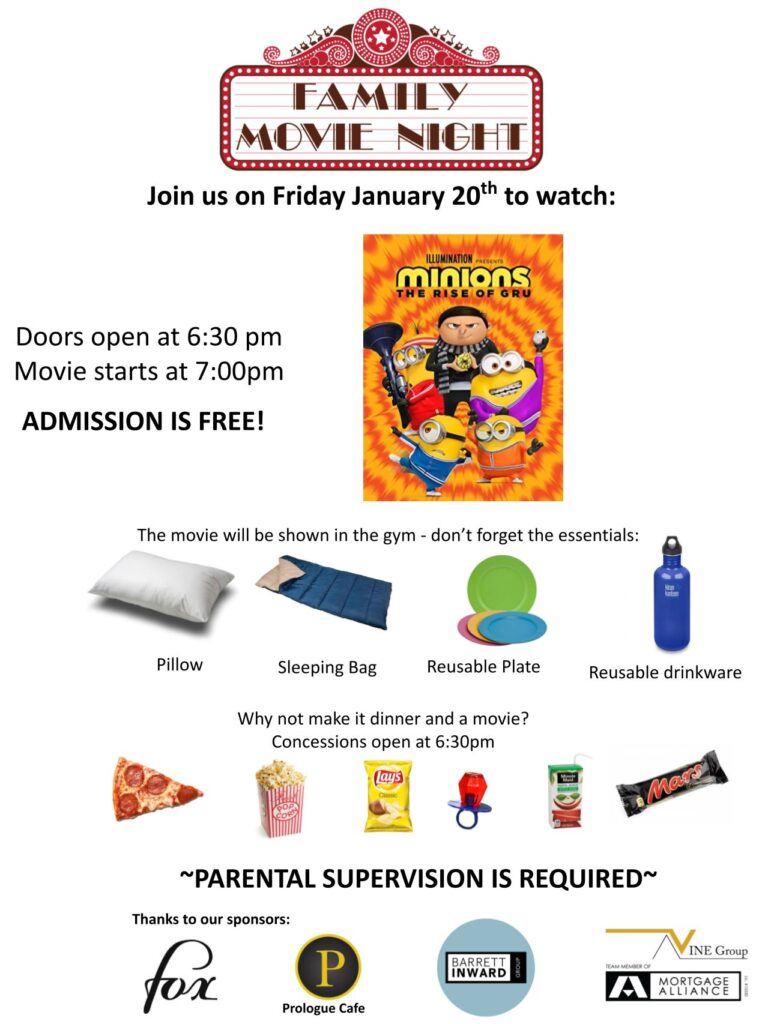 Family movie night poster for January 20, 2023, with image of poster for Minions: The Rise of Gru and lots of items to bring to movie night all on a white background