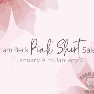 Words "Adam Beck Pink Shirt Sales January 9 to January 23" on a light pink background with a slightly darker pink flower in the top left and bottom right corners