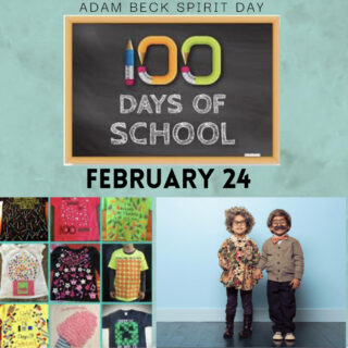 Image with words 100 days of school February 24 on a blackboard collaged with images of colourful shirts and two children dressed in grey wigs