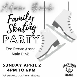 Words "Family Skating Party" on a white/grey background next to a pair of white figure skates and event details