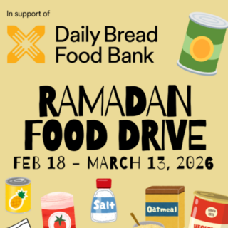 Black text on a yellow-brown background reading "In support of Daily Break Food Bank: Ramadan Food Drive, Feb. 18 to March 13, 2026" with a Daily Bread logo at the top left and cartoon images of canned goods at the bottom and one canned good on the top right.