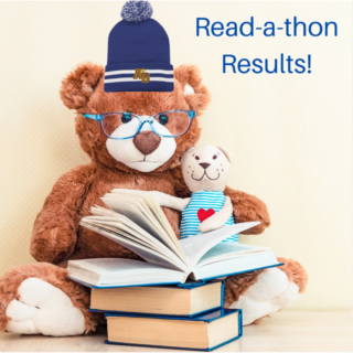 Photo of a brown teddy bear with a white snout, wearing a blue Adam Beck toque and sitting with a three books piled in front of it with the top book open. At the top right are the words "read-a-thon results" in blue font.